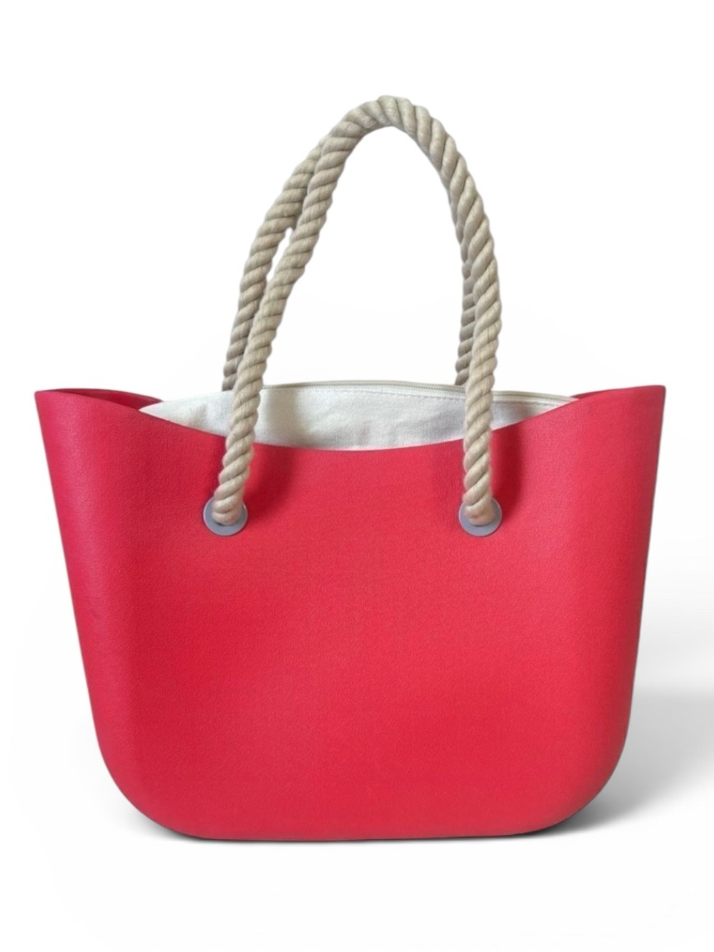 Beach Tote Red Rubber Canvas Lined Tote bag with braided rope handle